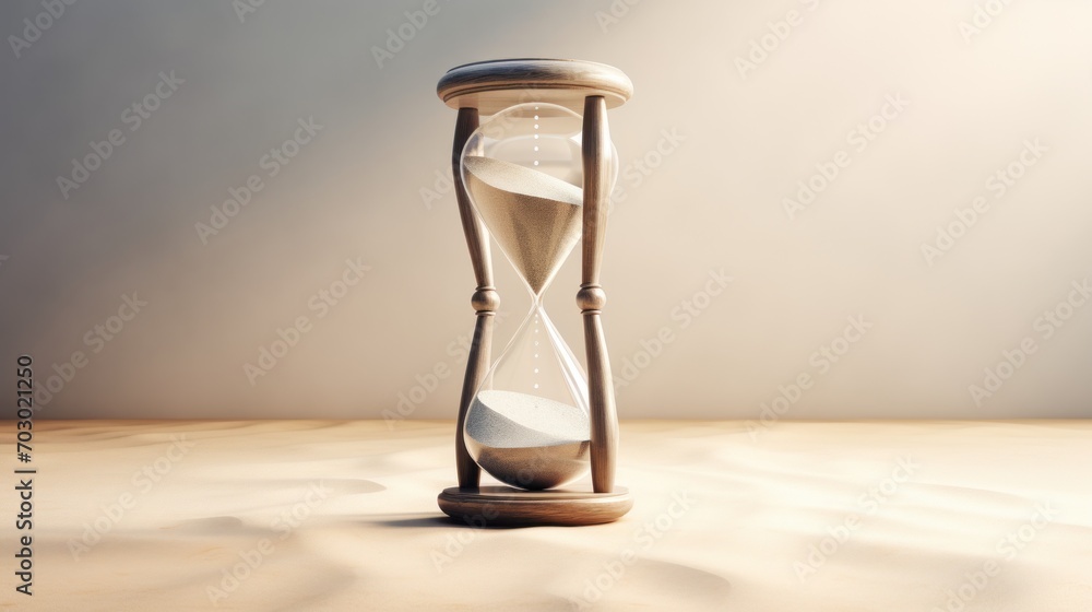 Poster an hourglass sitting on top of a table in the middle of a room with a light shining on it.