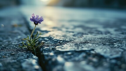 A single purple flower grows from a crack in an asphalt road, catching the sunset light.
