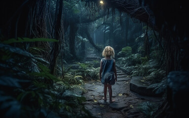 Little girl walking in horror wild forest at night