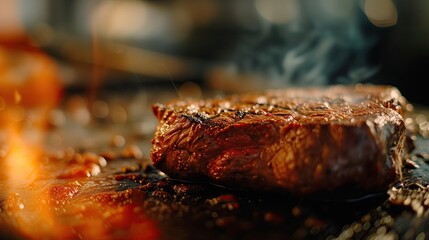 A close-up of a seared steak on a grill, with smoke wafting up.