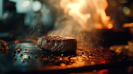 A steak cooks on a grill. 