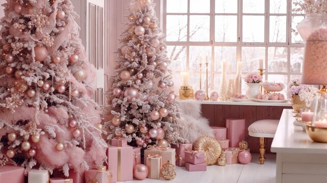 Luxury Pastel Pink and Gold Christmas Scene. Festive Decorations with Christmas Tree and Gifts. - Powered by Adobe