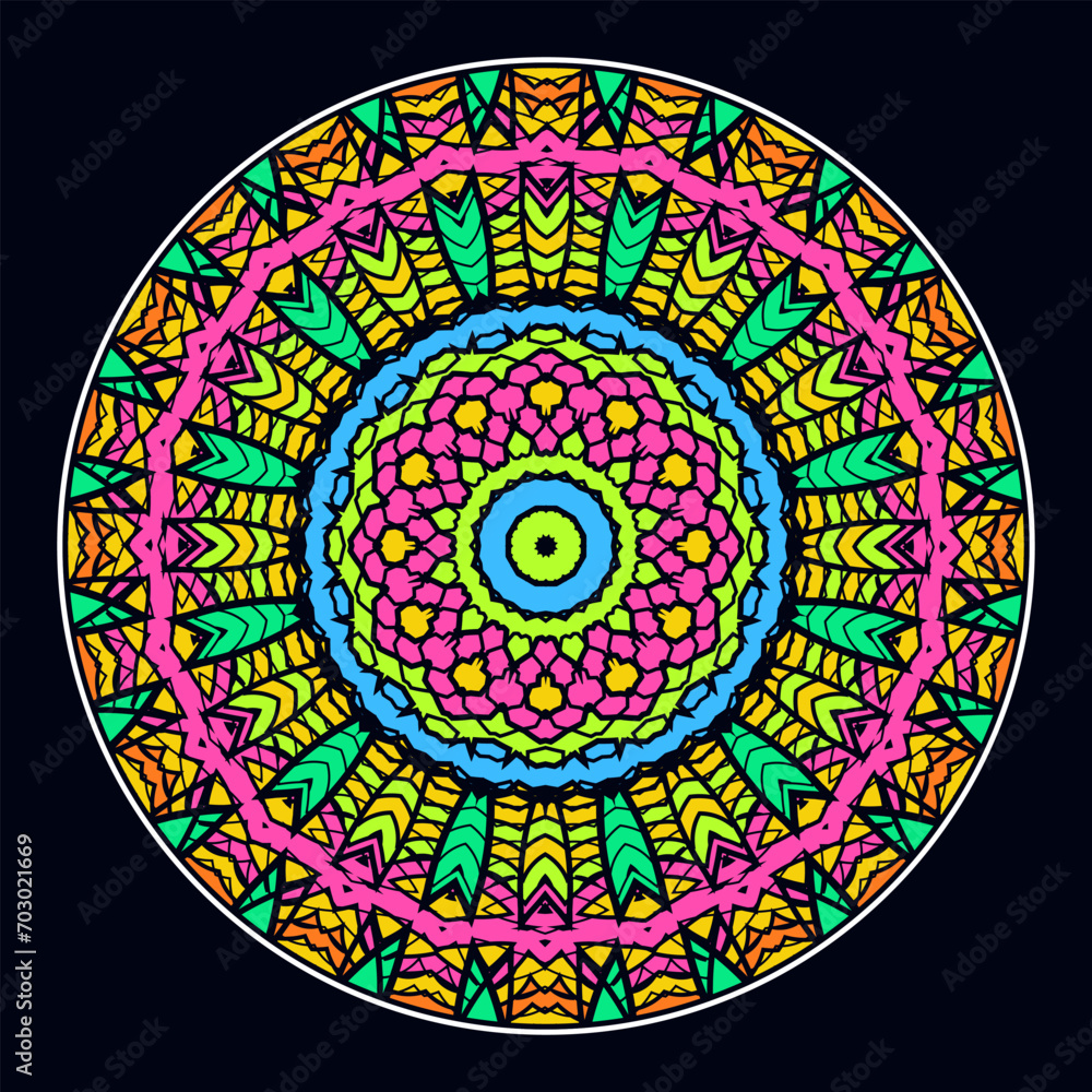 Poster multi-colored mandala with complex ethnic patterns. acid color palette. vector illustration