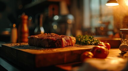 A steak close-up in a cozy kitchen.