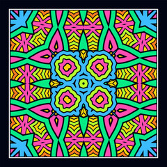 An original ornament for a square scarf, tablecloth, wall panel or any other decorative object. Contrasting color palette. Version No. 17. Vector illustration