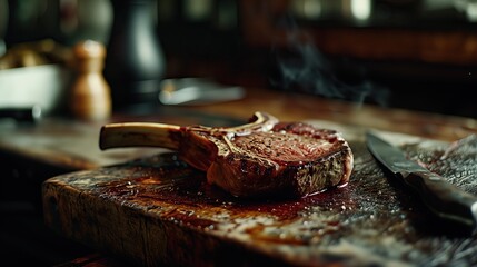 A tomahawk steak is seared and cooked.