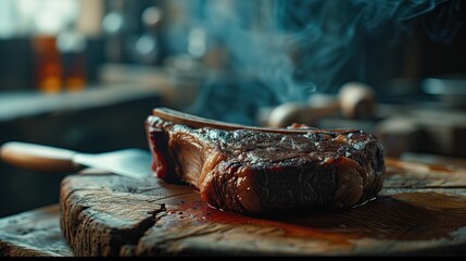 A tomahawk steak is cooked to perfection.