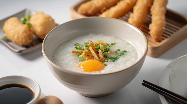 Front view fragrant congee rice porridge with boil egg and pork ball and frie dough stick with plain white background and warm light for advertise and presentation. Created using generative AI.