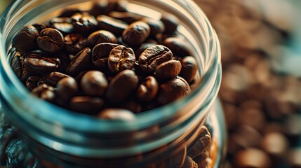 A macro shot of a jar filled with coffee beans from the top.