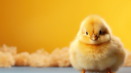  a small yellow chicken sitting on top of a blue floor next to a yellow wall and a pile of dry grass.