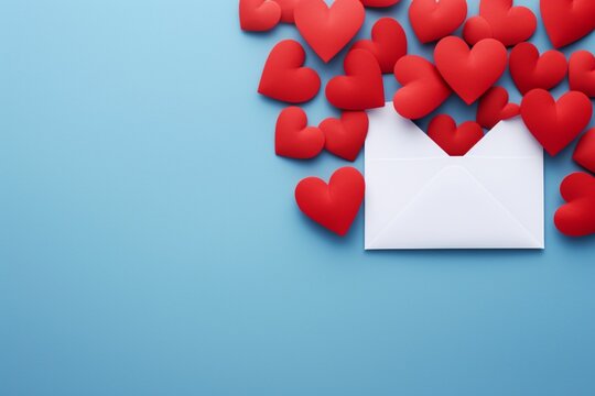 Valentine day greeting concept. Envelope and red hearts on blue background top view. Flat lay. photograph
