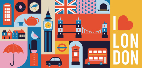 London, Uk, England geometrical banner design. Colorful modular illustration with London buildings, umbrella, red bus, cab, telephone and more. Vector elements, - obrazy, fototapety, plakaty