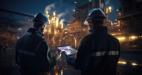Two workers looking at a tablet in front of an oil refinery, generative AI
