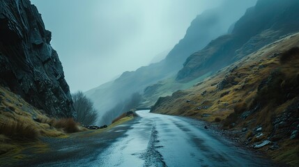 A misty mountain road.