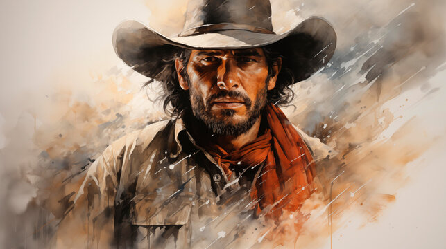 Retrato  en acuarela de un hombre del antiguo oeste americano