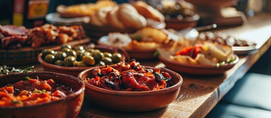 Spanish tapas featuring pork delicacies. - obrazy, fototapety, plakaty