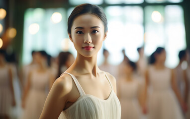 Young asian ballerina in dance studio - ballet and dancer concept