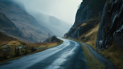 A peaceful scene of a wet mountain road.