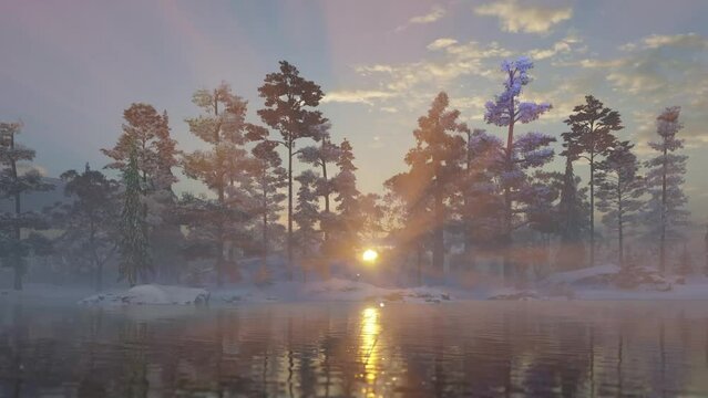 Slow flight over the lake to the snowy forest through which the rising sun is visible, 3D render
