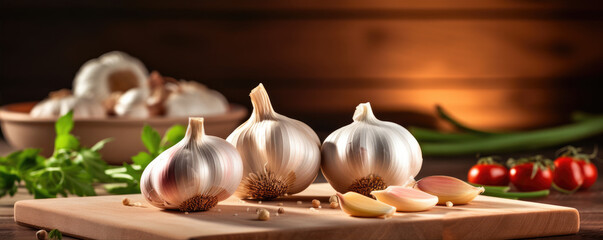 Obraz na płótnie Canvas Raw garlic on the wooden board in the kitchen. Blurred background