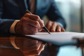 Signing a contract in a formal elegant office setting. A hand is holding a pen and signing the document. 