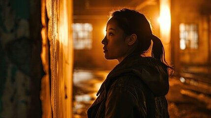 A woman investigates something peculiar on a wall.