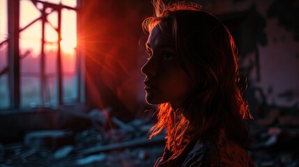 A woman in an abandoned building.