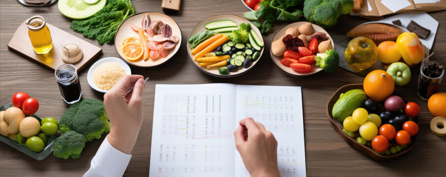 Dietitian writing diet plan,  with different healthy products and drawings on the topic of healthy eating.
