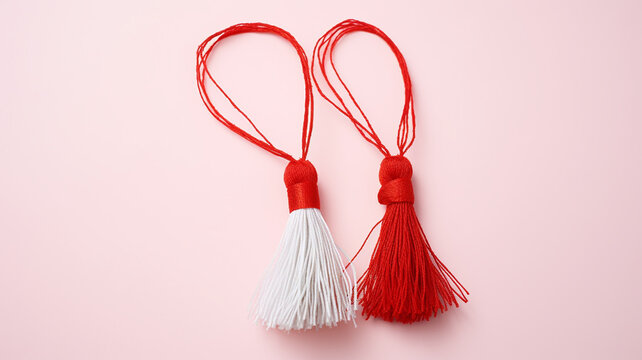 Martisor, red and white, yarn floss thread, holiday of welcoming spring in Moldova and Romania, celebrated on March , tradition give boutonnieres in the form of flowers Baba Marta.