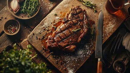 A grilled steak is set on a wooden chopping block.
