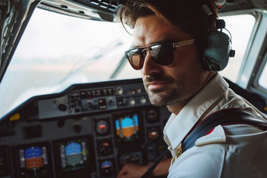 Male model as a pilot in the cockpit of a small airplane