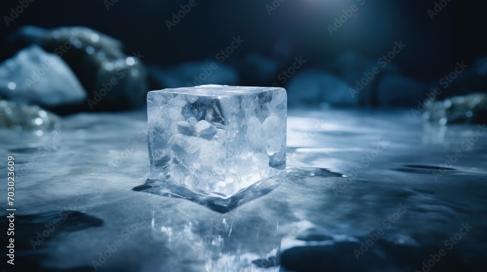 Poster  a square ice block sitting on top of a table covered in ice and ice flakes on top of it.