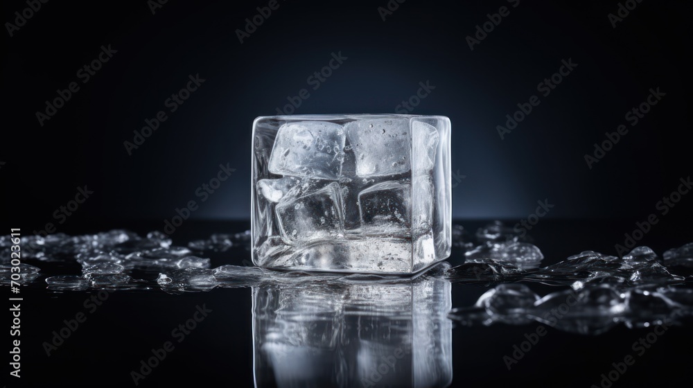 Poster  a square ice cube with ice cubes scattered around it on a black surface with a reflection of ice cubes on the floor.