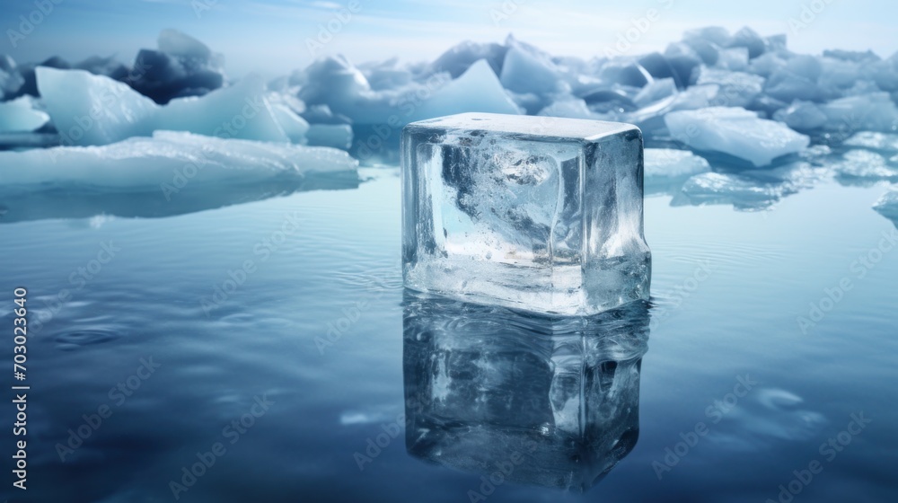 Poster an ice block floating on top of a body of water with icebergs floating in the water behind it.