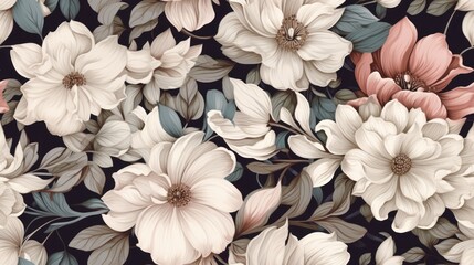  a close up of a bunch of flowers on a black background with white, pink, and blue flowers on it.