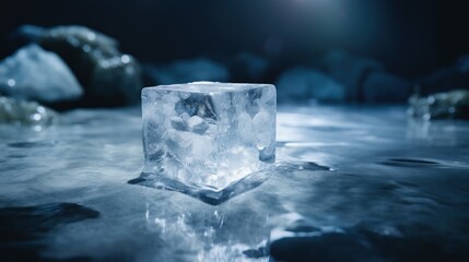  a square ice block sitting on top of a table covered in ice and ice flakes on top of it.
