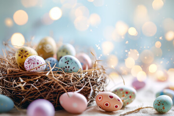 Fototapeta na wymiar Banner with easter decorations in pastel colors. Easter basket and eggs, sparkling bokeh. Generative AI