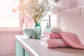 Bathroom with pastel pink walls and stack of towels. Spring concept. Generative AI