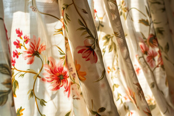Floral patterned curtain on sunny light background . Generative AI