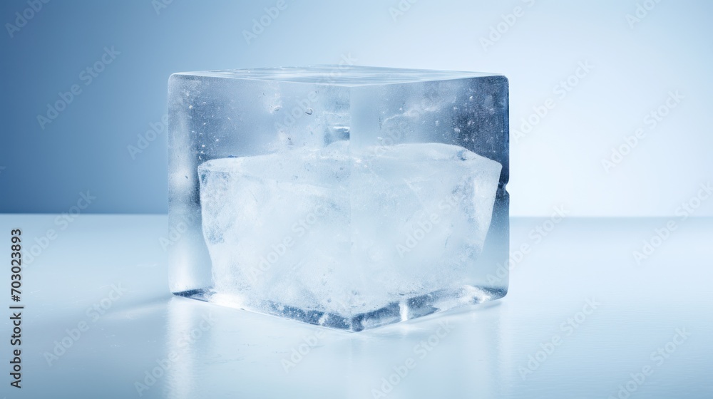Poster  a square ice block with ice cubes in the middle and water on the bottom of the block and ice on the bottom of the block.