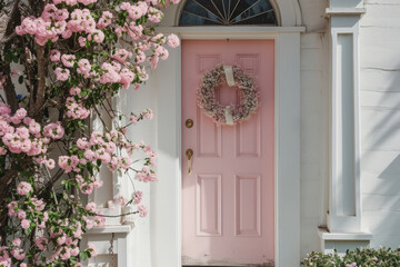 Home entrance with decorative spring wreath on front door in pastel colors. Generative AI