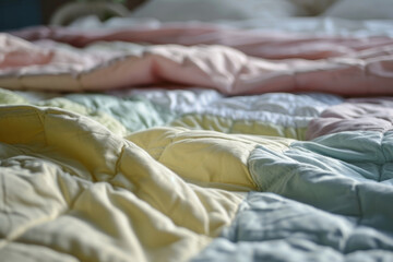 Colorful pastel colored quilted blanket on a bed. Generative AI