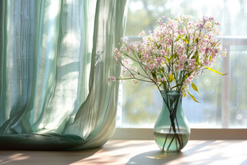 Pastel colored curtain and vase with spring flowers on sunny background. Generative AI
