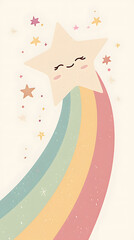 Cute colourful shooting star with a a smiling face , and a rainbow trail 