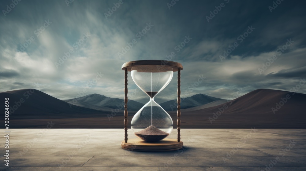 Poster an hourglass sitting on top of a stone floor in front of a mountain range with a cloudy sky in the b
