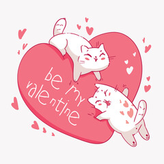 Valentines Day with cute cartoon cats. Be my Valentine. Cats hugging a big soft heart. Colorful cartoon character. Funny vector illustration. Isolated white background