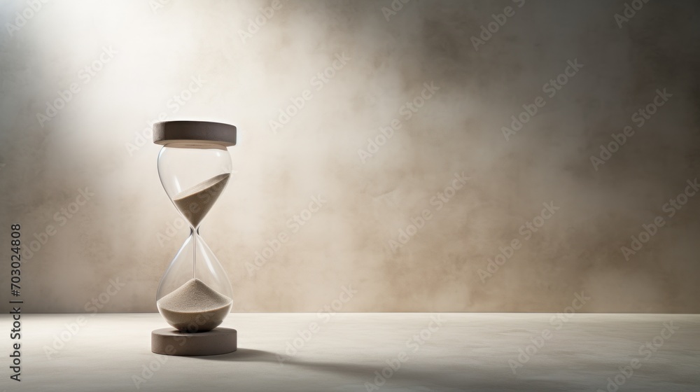 Poster an hourglass sitting on top of a table in front of a light that is shining down on the floor.