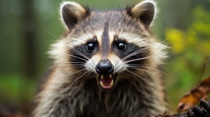 Fototapeta premium A close up of a raccoon with its mouth open. Generative AI.