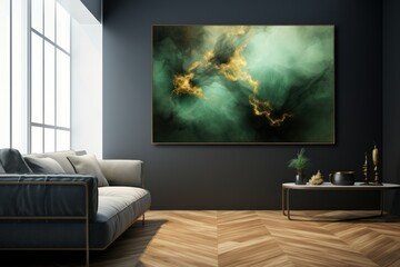 Elegant living room with teal sofa and abstract art