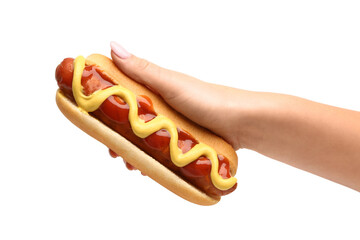 Woman holding tasty hot dog on white background